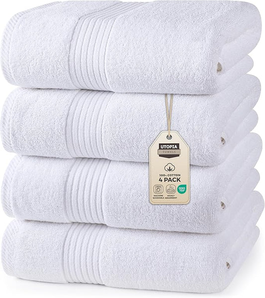 Utopia Towels 4 Pack Bath Towels Set, 27 by 54 Inches, 100% Ring Spun Cotton, Quick Dry, Highly Absorbent, Soft Feel Towels, Perfect for Daily Use, White
