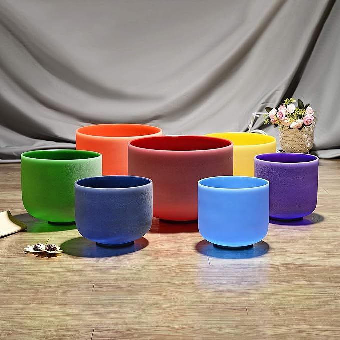 TOPFUND 7-12 inch 440Hz Chakra Set of 7 Color Crystal Singing Bowls with Carrying Cases and Mallets