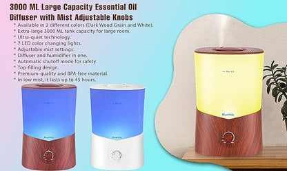 BlueHills Premium 3000 ML XL Essential Oil Diffuser Aroma Humidifier 3 Liter Big Capacity Huge Size Plant Baby Living Room Décor Lights Home High Mist Long Run Time Aromatherapy Diffuser White 3L-K1