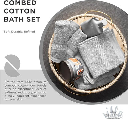 100% Cotton Bath Towel Set of 12-4 Bath Towels, 4 Hand Towels, 4 Wash Cloths, Sustainable, Soft, Highly Absorbent, Combed Cotton 12 Piece Set for Hotels, Spa, Bathroom, Dorm, Silver