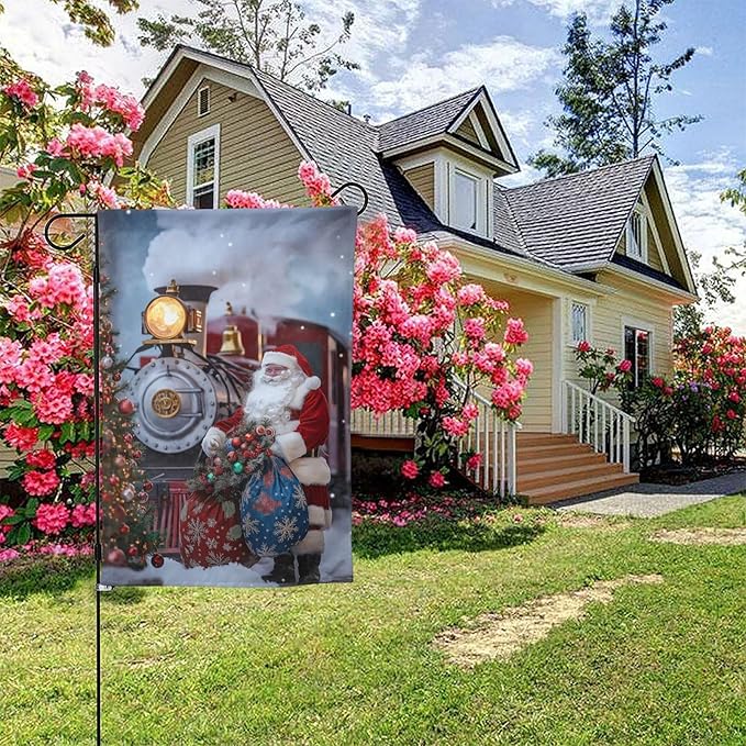 Santa Claus Train Garden Flag 12x18 In Double Sided Yard Flags Lawn Sign Decor No Flagstand