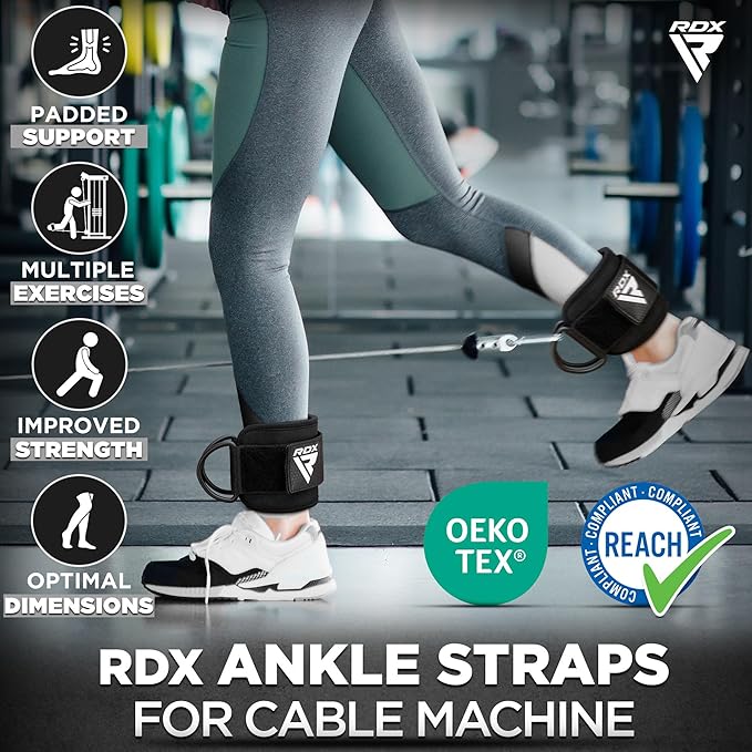 RDX Ankle Straps for Cable Machines – 7MM Neoprene Padded 10"x4" Adjustable Gym Cuffs with Dual D-Rings – Weight Attachments for Wrist Glutes Leg Kickbacks Hip Abduction Strength Workouts – Men Women
