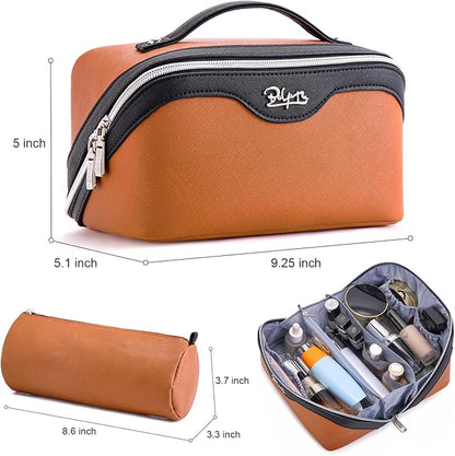 BOYATU Travel Makeup Bag Organizer Cosmetic Bag: 3 Pcs Set Make up Bags for Women with Handle - Waterproof Vegan Leather Toiletry Bags Travel Essentials Pouch with Compartments (G-04-Orange)