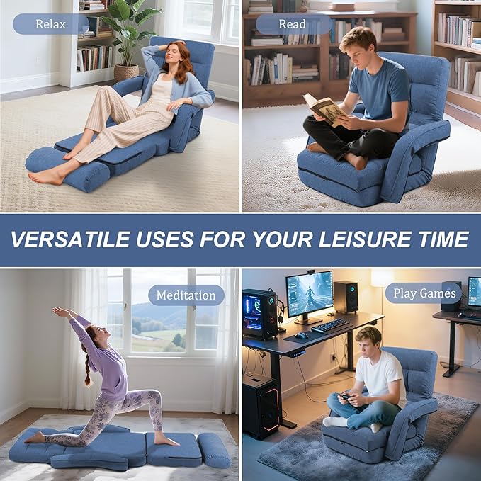 Adjustable Floor Chair for Adults with Back Suppor,5-Position Folding Lazy Sofa with Pillow, Gaming & Meditation Chair with Breathable Fabric - for Living Room, Bedroom, Office,Balcony (Blue)