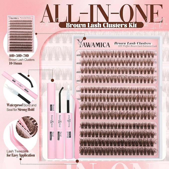 Yawamica Brown Lash Clusters Kit Fluffy Eyelash Extension Kit 40D 50D 70D Volume Eyelash Clusters 10-16mm Individual Lashes D Curly Cluster Lashes DIY Lash Extension Kit with Bond and Seal Tweezers