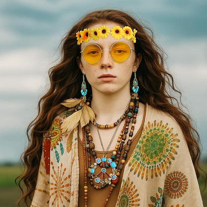Hicarer Hippie Costume Accessories Include Sunglasses, Peace Sign Necklace, Boho Headband and Earring for 60s 70s Party