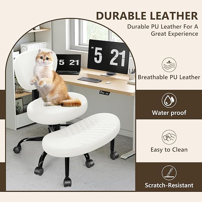 Ergonomic Cross Legged Office Chair with Wheels - Adjustable Height for Meditation, ADHD Desk & Yoga - Wide Criss Cross Design with Lumbar Support, Kneeling Chair - White