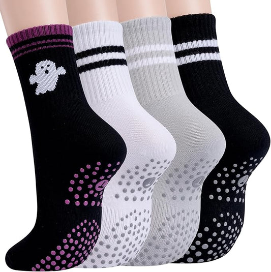 Toes Home Pilates Socks for Women with Non Slip Grippers, Yoga Crew Socks for Barre Hospital Sticky Slipper Socks 4 Pairs