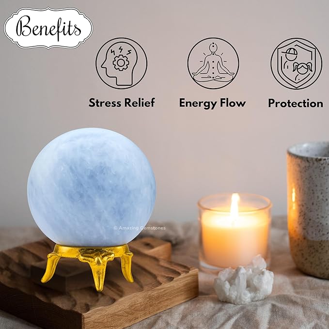 Amazing Gemstone Blue Calcite Crystal Ball with Stand - 2" Inches Crystal Sphere Meditation Balls for Witchcraft and Decorative Balls