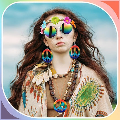 Batiyeer 6 Pcs Hippie Costume Accessories Set, Boho Peace Sign Daisy Flower 60s 70s Party Favors Decor for Groovy Party Women