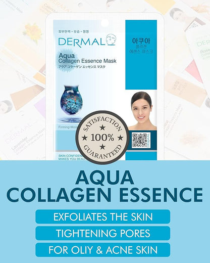 DERMAL Aqua Collagen Essence Full Face Facial Mask Sheet 23g Pak of 10