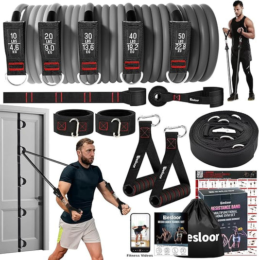 Resistance Band Set. Exercise Bands with Handles, Door Anchor and Ankle Strap. Home Gym, Supports Full-Body Workouts - with Training Guide and Fitness Video