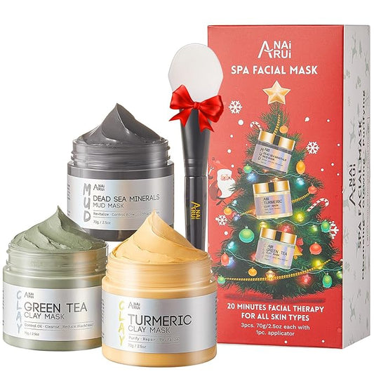 ANAI RUI Christmas Face Mask Gift Set, Turmeric Clay Mask - Green Tea Clay Mask - Dead Sea Minerals Mud Mask, Spa Facial Mask Set, Face Mask Gift Set 2.5 oz each