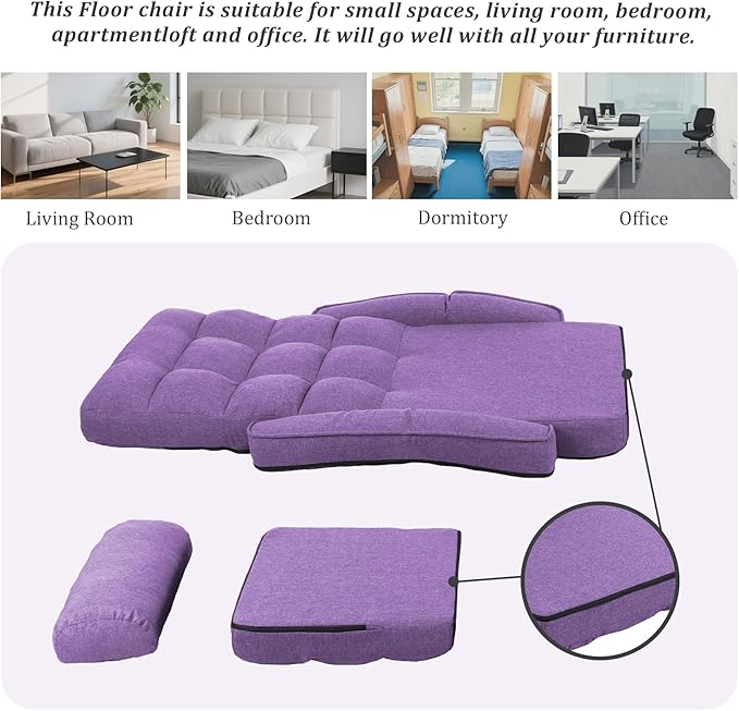 Adjustable Floor Chair for Adults with Back Suppor,5-Position Folding Lazy Sofa with Pillow, Gaming & Meditation Chair with Breathable Fabric - for Living Room, Bedroom, Office,Balcony (Purple)