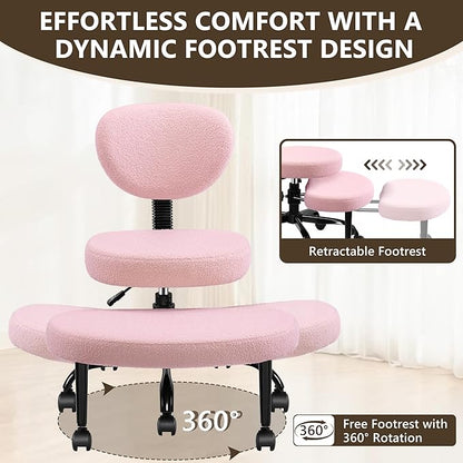 Ergonomic Cross Legged Office Chair with Wheels - Adjustable Height for Meditation, ADHD Desk & Yoga - Wide Criss Cross Design with Lumbar Support, Kneeling Chair - Pink