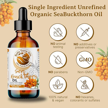 Bella Terra Oils - Organic Sea Buckthorn Oil 8oz - Cold-Pressed Treasure, Bursting with Omega-3 & Omega-6, A Radiant Glow in Every Bottle