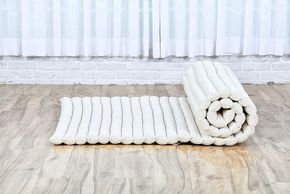Leewadee - Kapok Roll Mat – Handcrafted Folding Sleep & Relaxation Mattress from Thailand, Ideal as Guest Bed, Camping Mat, Yoga Mat or Traditional Futon, 75 x 39 inches, Ecru