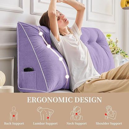 Sasttie Headboard Pillow Full, Wedge Pillow Headboard for Sitting Up in Bed, Back-Rest Support Triangular Cushion for Reading - Features Removable Washable Cover, Purple