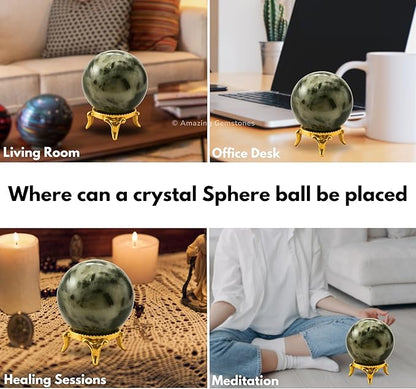 Amazing Gemstone Green Tourmaline in Quartz Crystal Ball with Stand - 2 Inches Crystal Sphere Meditation Balls for Witchcraft and Decorative Balls
