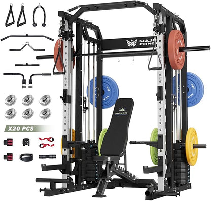 Major Fitness Smith△ Machine Drone2 Premium, All-in-One Home Gym Squat Rack with Aluminum Pulley Set , Weight Bar, Dual LAT Pull-Down Systems & Cable Crossover Machine for Full-Body Workouts