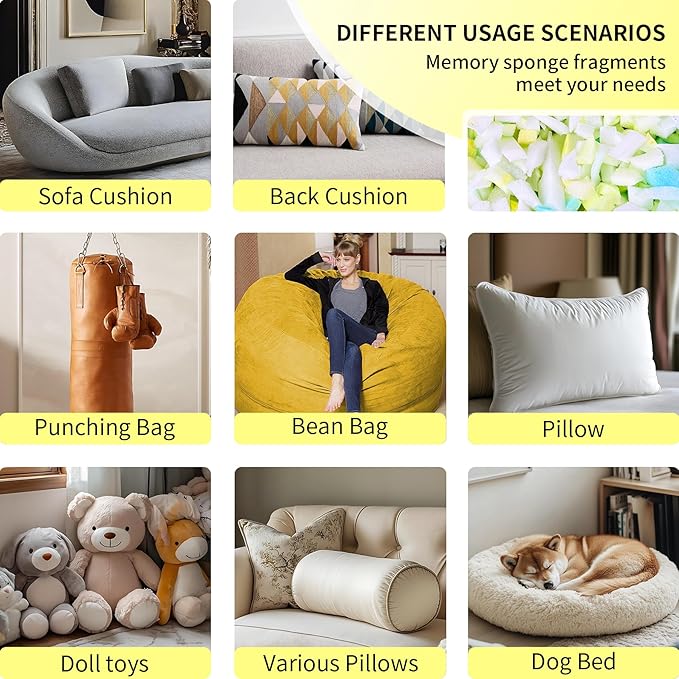 10lbs Shredded Memory Foam Filling for Bean Bag Chair, Premium Beanbag Stuffing High Density Memory Foam Refill