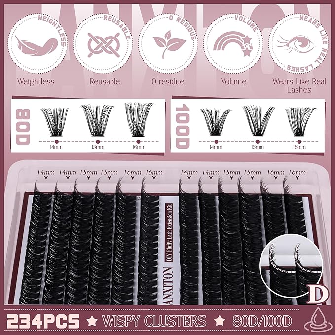 Cluster Lashes Volume Lash Clusters D Thick Eyelashes Extensions 14-16mm Mix 80D+100D Individual Lashes Thin Band Lash Bond and Seal Tweezers for DIY Lash Extension Beginners