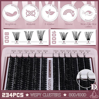 Cluster Lashes Volume Lash Clusters D Thick Eyelashes Extensions 14-16mm Mix 80D+100D Individual Lashes Thin Band Lash Bond and Seal Tweezers for DIY Lash Extension Beginners