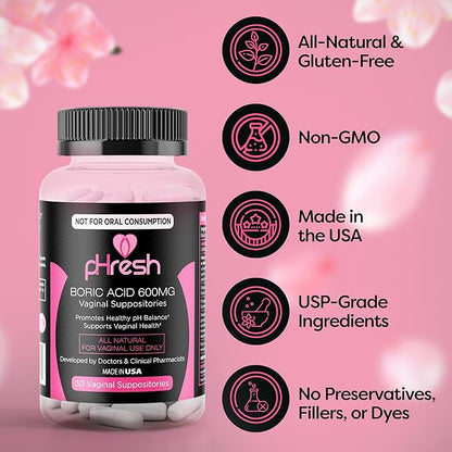 pHresh Boric Acid Suppositories for Women, Suppositories for Odor Use, Natural Feminine Care Supports Vaginal Health & Promotes Healthy pH Balance - Made in USA