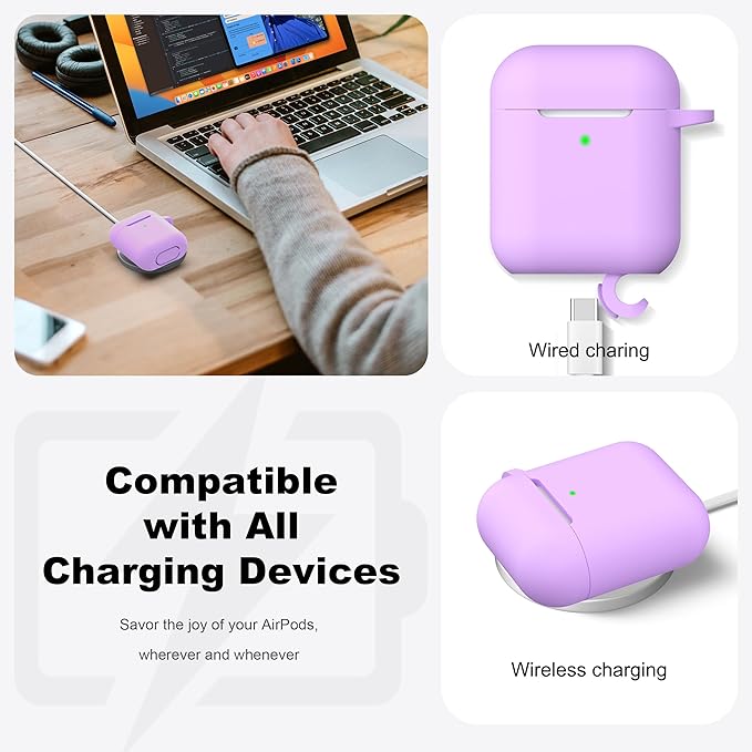 R-fun Compatible with AirPods Case Cover, Soft Silicone Protective Cover with Keychain for Women Men Compatible with Apple AirPods 2nd 1st Generation Charging Case, Front LED Visible,Lavender