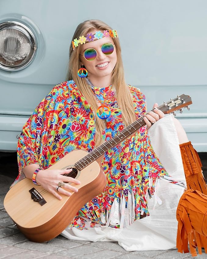 5 Pcs Hippie Costume Accessories Set Women, 60s 70s Party Dressing Accessory Peace Sign Necklace Party Decorations for Party