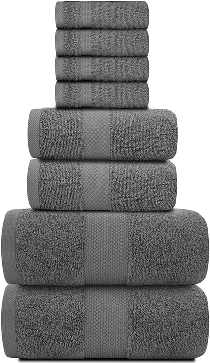 White Classic Luxury Bath Towel Set of 8 Pieces - 100% Turkish Cotton Highly Absorbent Towels for Bathroom, 2 Luxury Bath Towels 700GSM, 2 Hand Towels, 4 Washcloths, Dark Gray