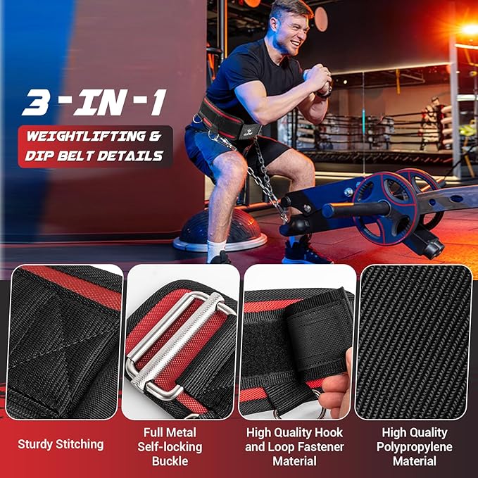 3-in-1 Weighted Pull Up Belt for Men, Weight Lifting Dip Belt with 40.6 IN Chain & Self Locking, Weighted Gym Belt for Pull Up, Squat, Powerlifting & Deadlift, Capacity Up to 350 LBS