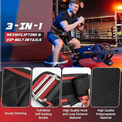 3-in-1 Weighted Pull Up Belt for Men, Weight Lifting Dip Belt with 40.6 IN Chain & Self Locking, Weighted Gym Belt for Pull Up, Squat, Powerlifting & Deadlift, Capacity Up to 350 LBS