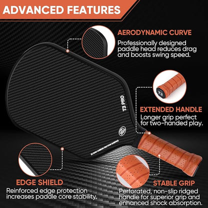 Pickleball Paddle - 3K Raw Carbon Fiber Surface (CFS) + Carbon Abrasion Surface (CAS) with High Grit & Spin, Sure-Grip Elongated Handle, Pickle Ball Paddle with 16mm Polypropylene Honeycomb Core