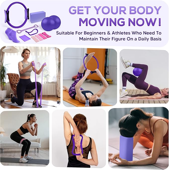 Pilates Ring Essentials Kit for Women,Home Fitness Equipment Sets with 12''Pilates Ring,2 Pilates Ball,Yoga Brick,Elastic Band & Other Accessories Suitable for Exercise & Shape Up-13PCS