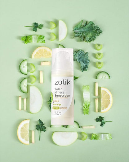 Zatik Naturals - Solar Mineral Sunscreen with Argan and Moringa, Vitamin and Mineral-Based Solar Protection, Vegan, Non-GMO, pH Balanced, FREE from Gluten, Soy, Alcohol. 1.7 fl oz, 50 ml