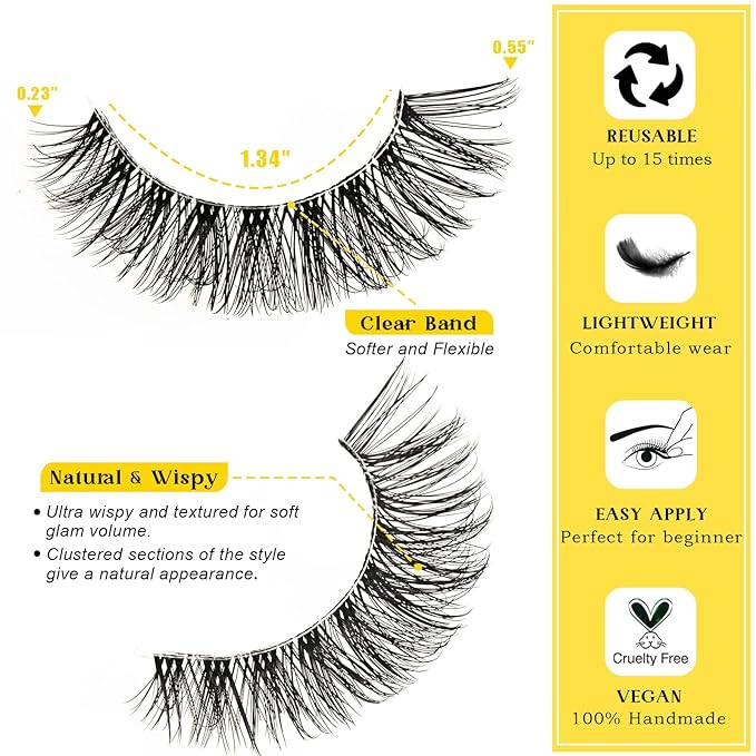 Lashes Wispy False Eyelashes Natural Fake Lashes with Clear Band 10 Pairs Cat Eye Lashes Pack Reusable Lashes Natural Look Short Wispies Mink Eyelash Strips Cateye Lashes for Women