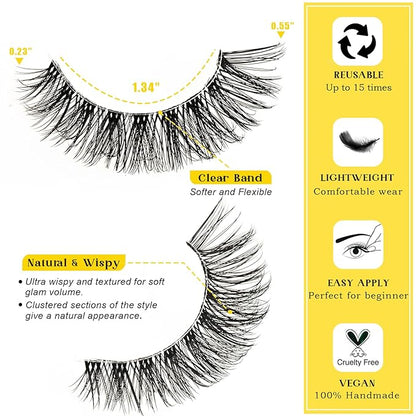 Lashes Wispy False Eyelashes Natural Fake Lashes with Clear Band 10 Pairs Cat Eye Lashes Pack Reusable Lashes Natural Look Short Wispies Mink Eyelash Strips Cateye Lashes for Women