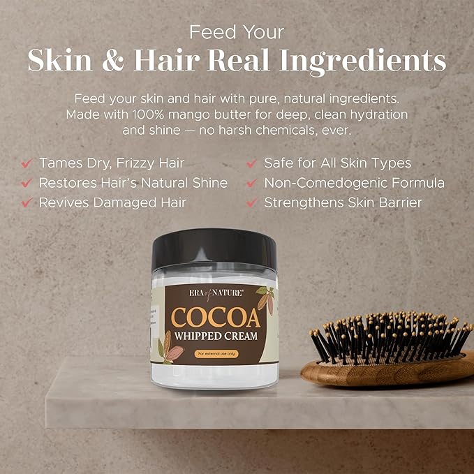 era of nature Cocoa Whipped Body Cream for Women 8oz - Lightweight Whipped Lotion with Natural Cocoa - Non-Greasy Body Butter Cream Lotion & Balm Moisturizer for Face, Hair & Dry Skin, Vegan Skincare
