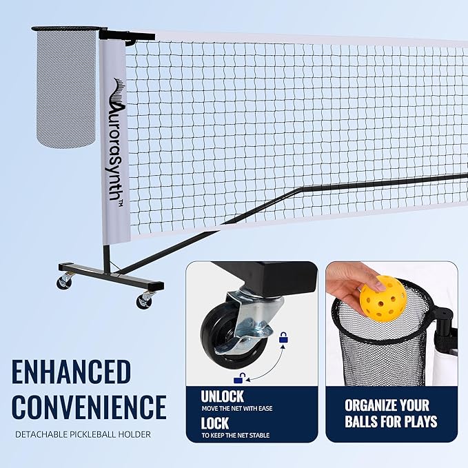 AuroraSynth Portable Pickleball Net Set with Wheels, 22 x 3ft Regulation Size Pickle Ball Net with Ball Collector, 4 Pickle Balls, 4 Pickleball Paddles, Carry Bag for Backyards, Driveway, Garage