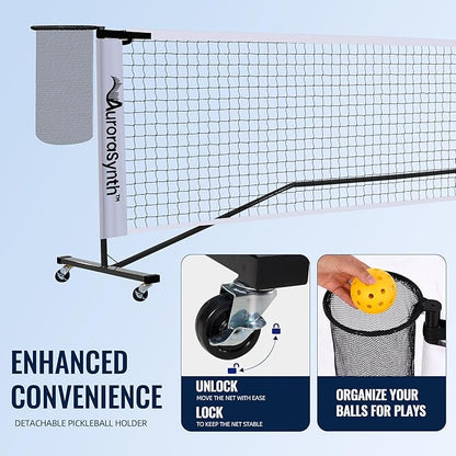 AuroraSynth Portable Pickleball Net Set with Wheels, 22 x 3ft Regulation Size Pickle Ball Net with Ball Collector, 4 Pickle Balls, 4 Pickleball Paddles, Carry Bag for Backyards, Driveway, Garage