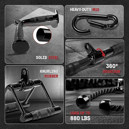 Yes4All Tricep Press Down Cable Machine Attachment Set, LAT Pulldown Attachment, Cable Machine Accessories for Home Gym