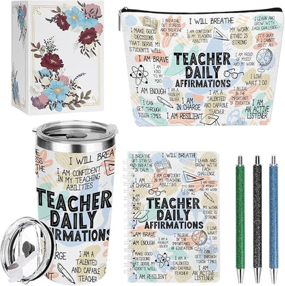 Inspirational Teacher Appreciation Gifts, Daily Affirmations Mental Health Teacher Gifts for Women Counselor Coworker Graduation Birthday Christmas, 20oz Tumbler Makeup Bag Ballpoint Pen Notebook 6PCS