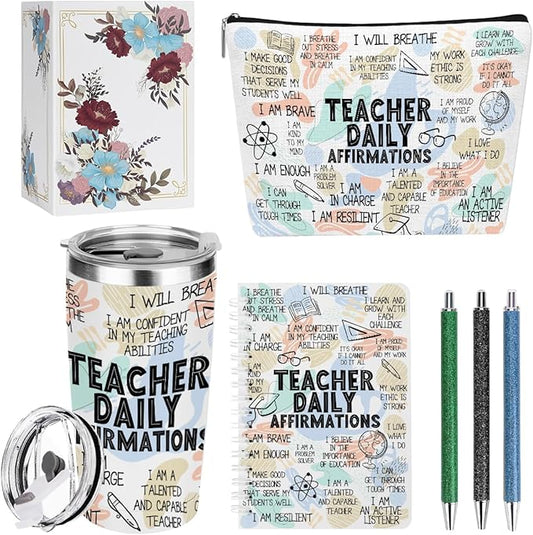 Inspirational Teacher Appreciation Gifts, Daily Affirmations Mental Health Teacher Gifts for Women Counselor Coworker Graduation Birthday Christmas, 20oz Tumbler Makeup Bag Ballpoint Pen Notebook 6PCS
