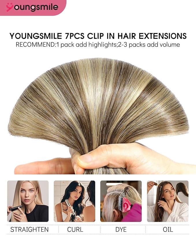 Youngsmile Clip in Hair Extensions Real Human Hair,160g 7pcs 20inch Chocolate Brown Mixed Caramel Blonde Remy Clip in Human Hair Extensions Silk Straight,Double Weft (7C#4P27-20Inch)