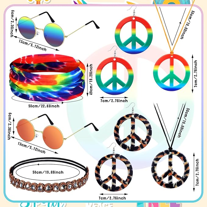 Remuuly 16 Pcs Hippie Costume Accessories for Women 60s 70s Accessory Set Includes Headband Hippie Sunglasses Peace Sign Earrings and Necklace Jewelry Outfits Men Women Costume Party Supplies