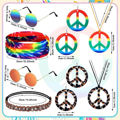 Remuuly 16 Pcs Hippie Costume Accessories for Women 60s 70s Accessory Set Includes Headband Hippie Sunglasses Peace Sign Earrings and Necklace Jewelry Outfits Men Women Costume Party Supplies