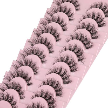 FANXITON Mink Lashes with Clear Band 15 MM 10 Pairs Cat-Eye Lashes Natural Look False Eyelashes Pack Wispy Eyelashes 3D Faux Mink Eyelashes