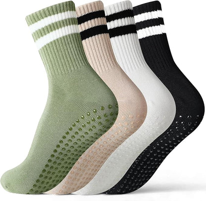 Jeyiour 4 Pairs Womens Pilates Socks with Grip Long Non Slip Yoga Crew Socks for Barre Hospital Home Workout