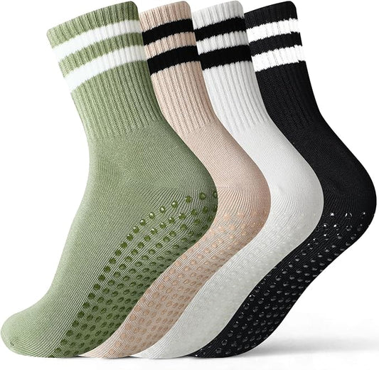 Jeyiour 4 Pairs Womens Pilates Socks with Grip Long Non Slip Yoga Crew Socks for Barre Hospital Home Workout